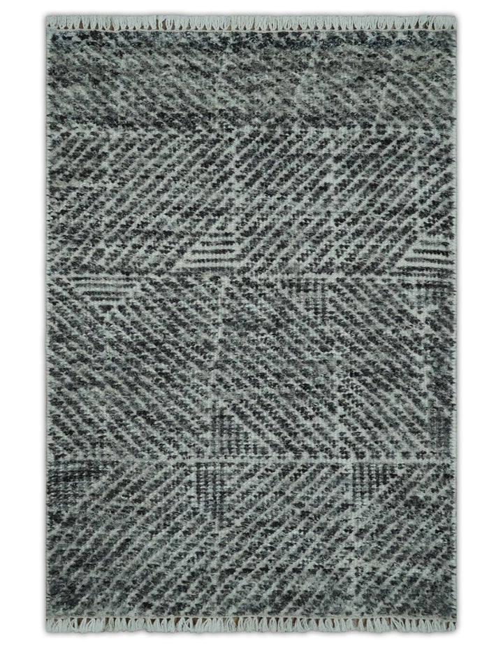 2x3 Hand Knotted Ivory and Charcoal Geometrical Design Wool Area Rug - The Rug Decor