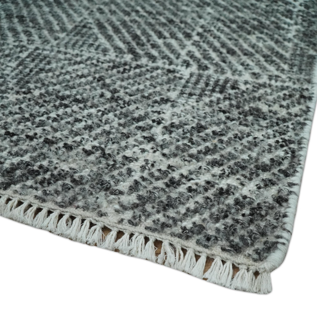 2x3 Hand Knotted Ivory and Charcoal Geometrical Design Wool Area Rug - The Rug Decor