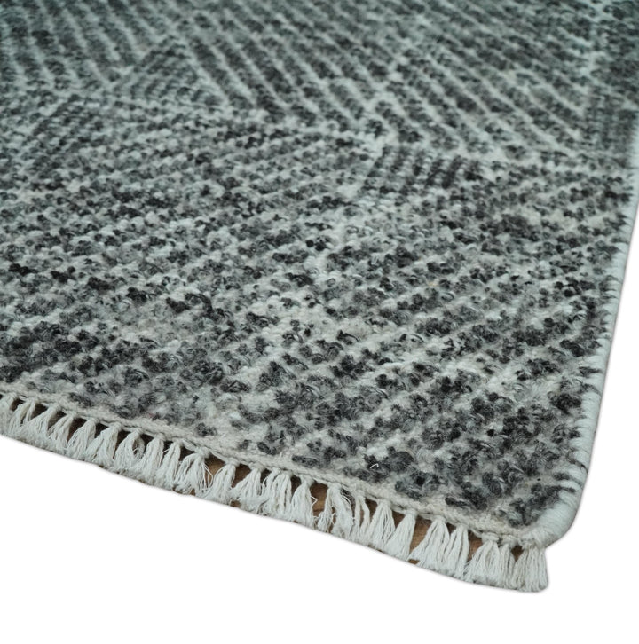 2x3 Hand Knotted Ivory and Charcoal Geometrical Design Wool Area Rug - The Rug Decor