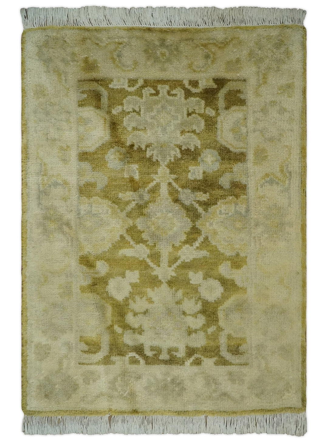 2x3 Hand Knotted Olive, Beige and Gray Traditional Persian Oushak Wool Rug | N423 - The Rug Decor