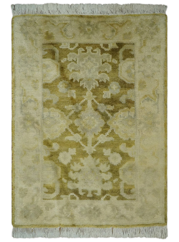 2x3 Hand Knotted Olive, Beige and Gray Traditional Persian Oushak Wool Rug | N423 - The Rug Decor