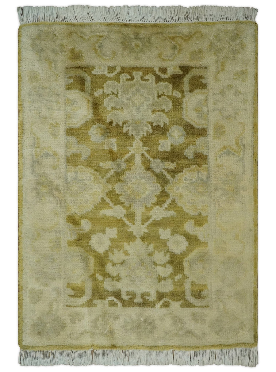 2x3 Hand Knotted Olive, Beige and Gray Traditional Persian Oushak Wool Rug | N423 - The Rug Decor