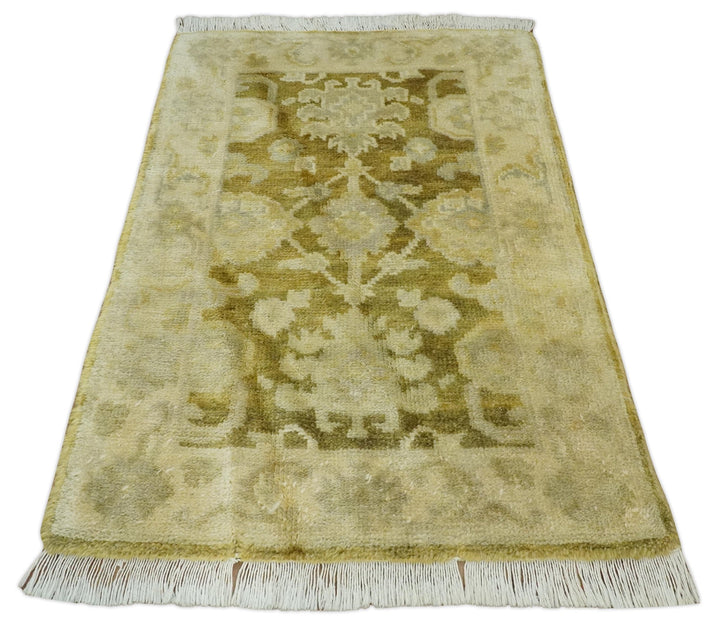 2x3 Hand Knotted Olive, Beige and Gray Traditional Persian Oushak Wool Rug | N423 - The Rug Decor
