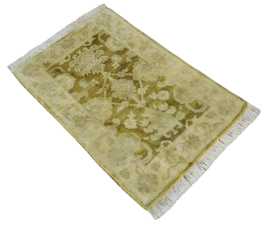 2x3 Hand Knotted Olive, Beige and Gray Traditional Persian Oushak Wool Rug | N423 - The Rug Decor