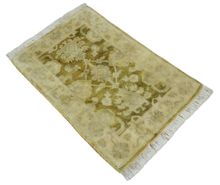 2x3 Hand Knotted Olive, Beige and Gray Traditional Persian Oushak Wool Rug | N423 - The Rug Decor