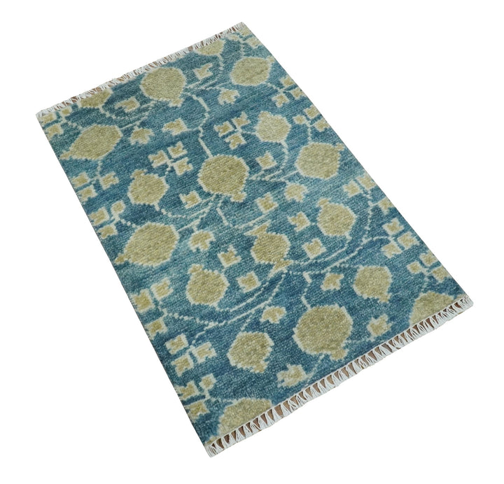 2x3 Hand Knotted Teal and Beige Balloon shape Oushak Wool Area Rug - The Rug Decor