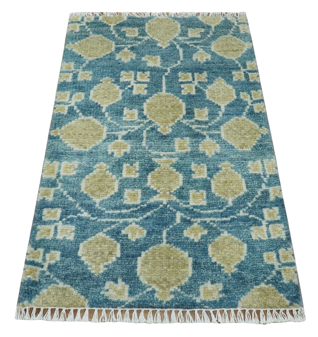 2x3 Hand Knotted Teal and Beige Balloon shape Oushak Wool Area Rug - The Rug Decor