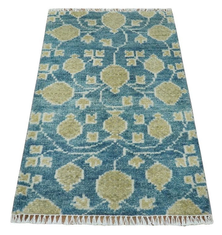 2x3 Hand Knotted Teal and Beige Balloon shape Oushak Wool Area Rug - The Rug Decor