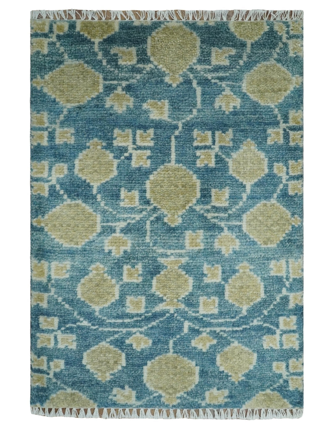 2x3 Hand Knotted Teal and Beige Balloon shape Oushak Wool Area Rug - The Rug Decor