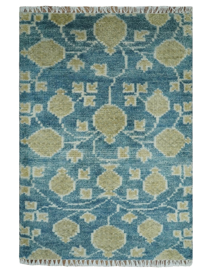 2x3 Hand Knotted Teal and Beige Balloon shape Oushak Wool Area Rug - The Rug Decor