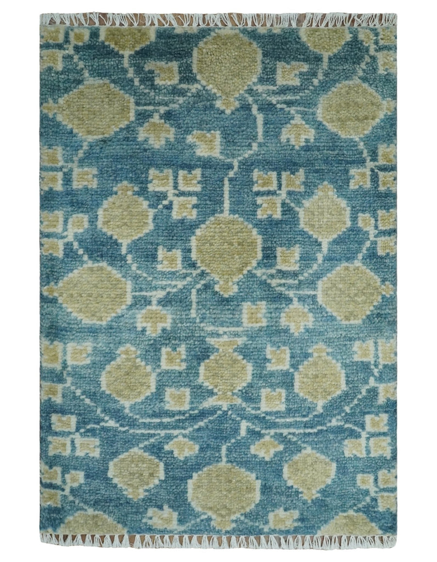 2x3 Hand Knotted Teal and Beige Balloon shape Oushak Wool Area Rug - The Rug Decor