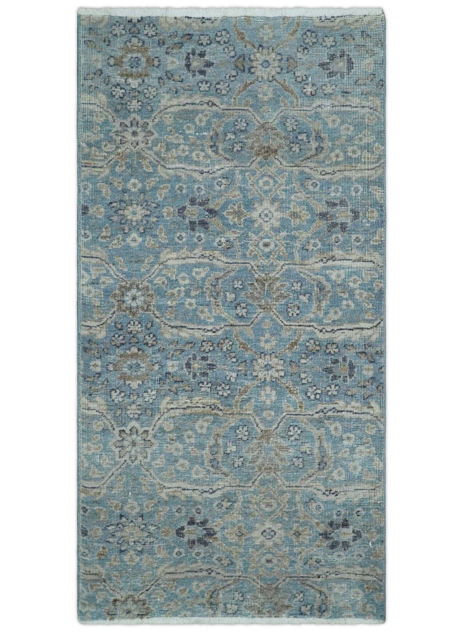 2x4 Aqua Blue and Ivory Wool Hand Knotted Traditional Vintage Antique Rug| N1424 - The Rug Decor