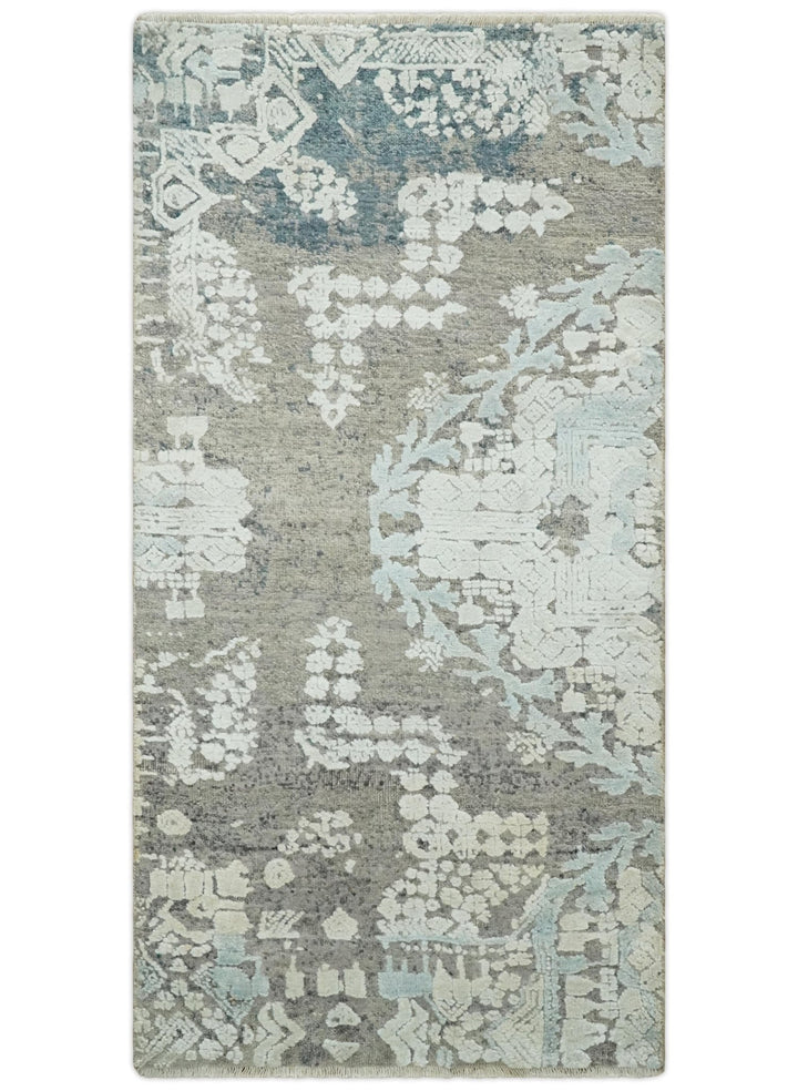 2x4 Beige, Silver and Blue Wool and Silk Hand Knotted traditional Vintage Antique Rug| N124 - The Rug Decor