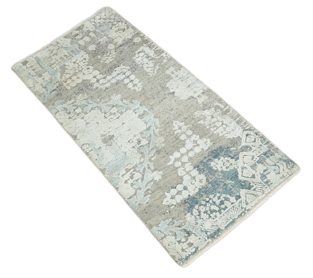 2x4 Beige, Silver and Blue Wool and Silk Hand Knotted traditional Vintage Antique Rug| N124 - The Rug Decor