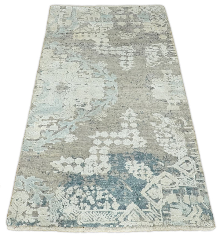 2x4 Beige, Silver and Blue Wool and Silk Hand Knotted traditional Vintage Antique Rug| N124 - The Rug Decor