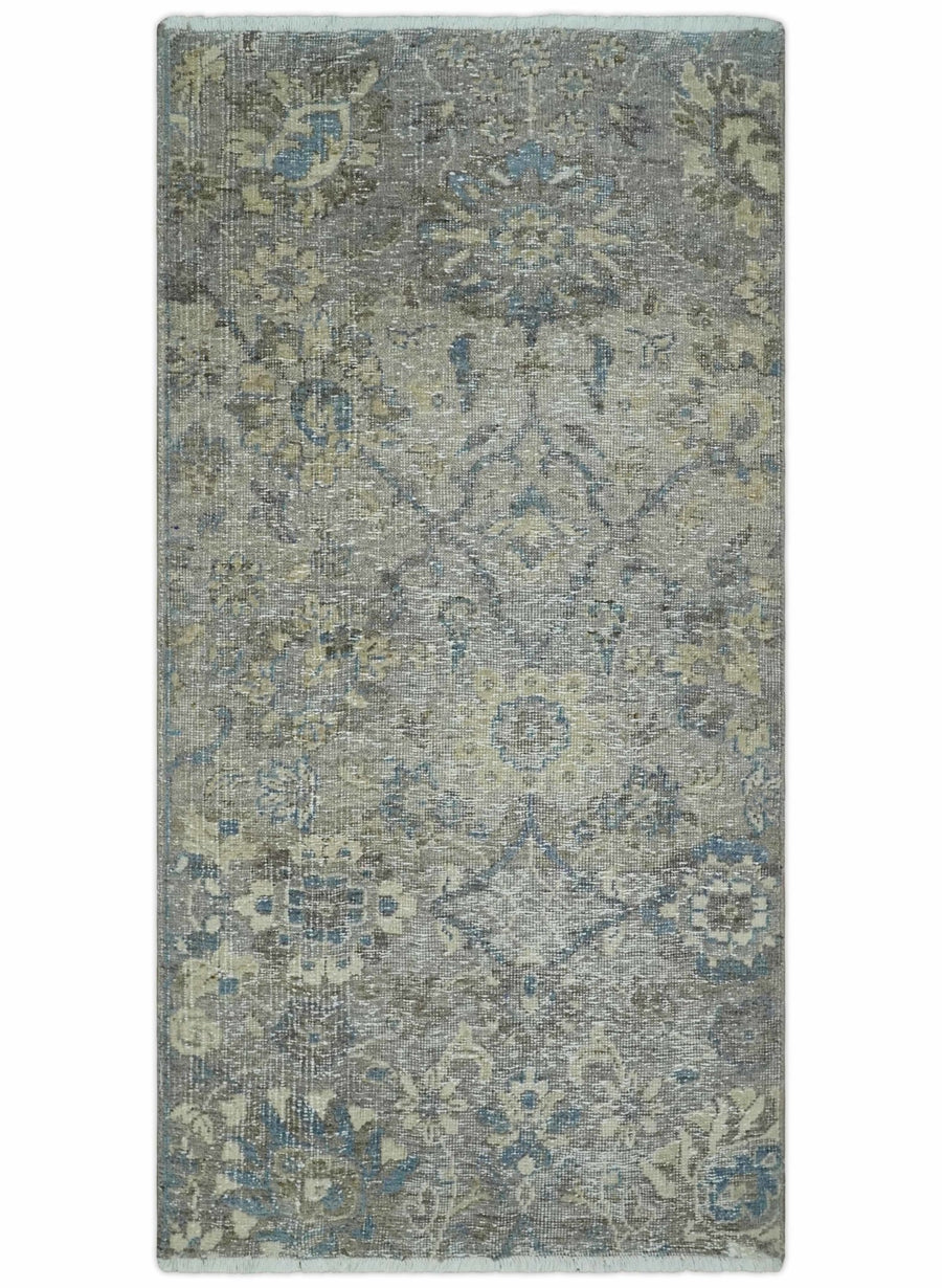 2x4 Gray, Beige and Blue Wool Hand Knotted traditional Vintage Antique Rug| N1224 - The Rug Decor