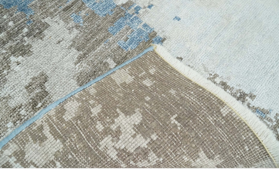 2x4 Modern Abstract Blue, Silver and Charcoal Hand Knotted Art Silk Rug| N8324 - The Rug Decor