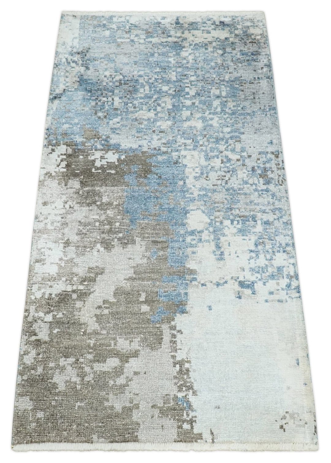 2x4 Modern Abstract Blue, Silver and Charcoal Hand Knotted Art Silk Rug| N8324 - The Rug Decor