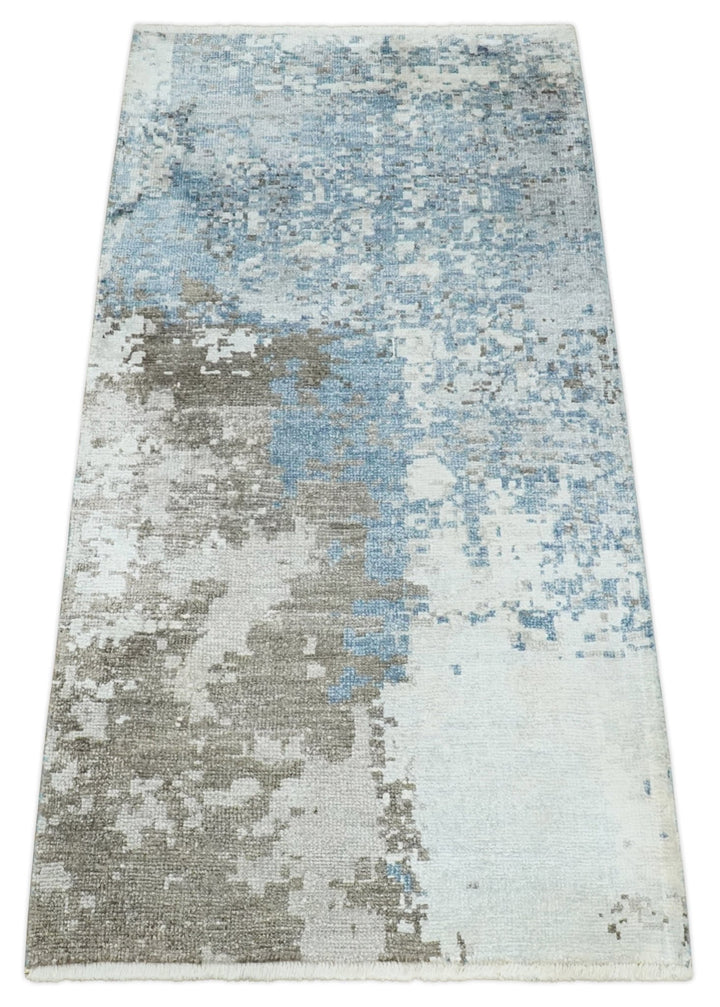 2x4 Modern Abstract Blue, Silver and Charcoal Hand Knotted Art Silk Rug| N8324 - The Rug Decor