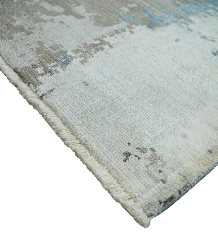2x4 Modern Abstract Blue, Silver and Charcoal Hand Knotted Art Silk Rug| N8324 - The Rug Decor
