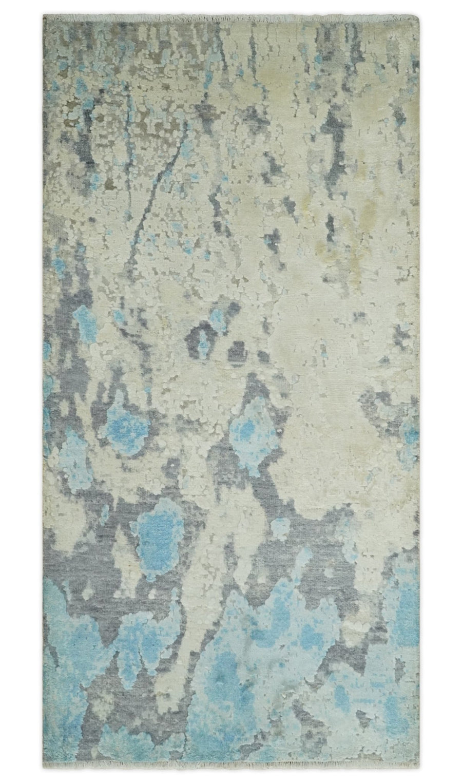 2x4 Modern Abstract Ivory, Blue and Charcoal Wool and Silk Rug| N7324 - The Rug Decor