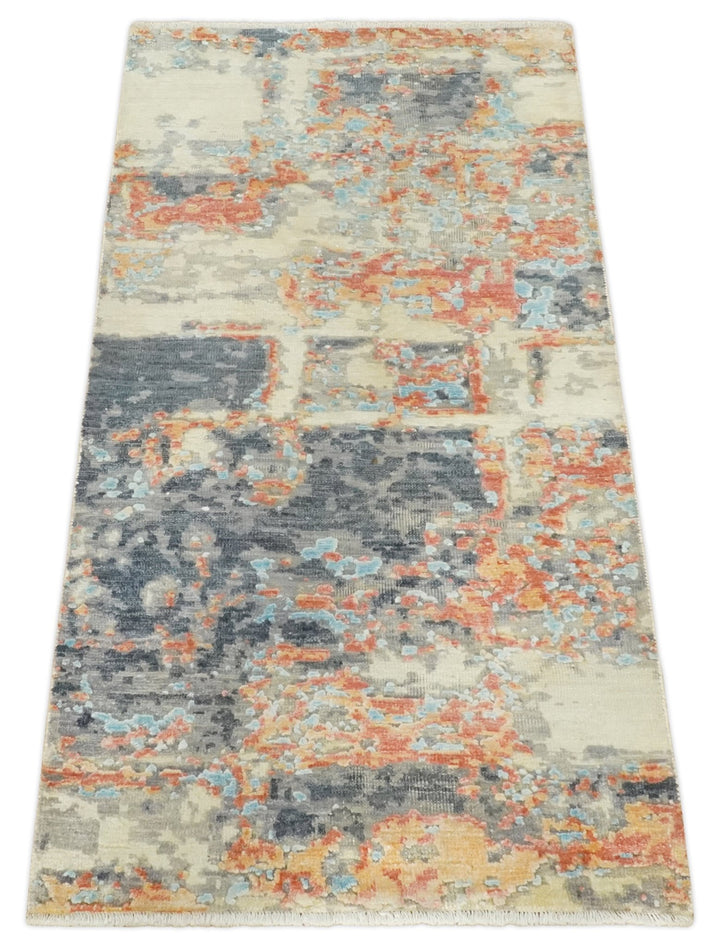 2x4 Modern Abstract Peach, Gray, Ivory and Blue Rug made with Art Silk| N3924 - The Rug Decor