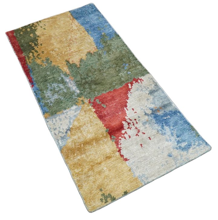 2x4 Modern Multicolor Wool and Silk Hand Knotted Rug| N624 - The Rug Decor