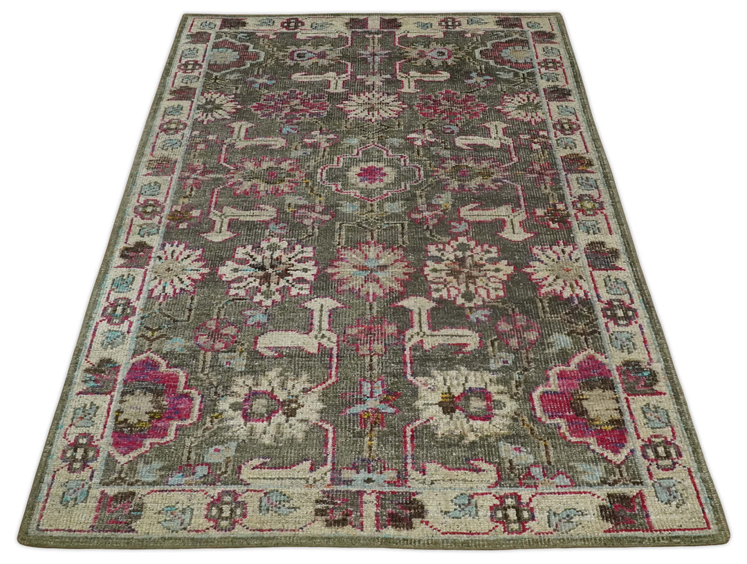 Antique Moss Green 5x8 Hand Knotted Beige and Pink Persian made of Bamboo Silk Area Rug | OP70