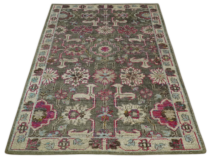 Antique Moss Green 5x8 Hand Knotted Beige and Pink Persian made of Bamboo Silk Area Rug | OP70