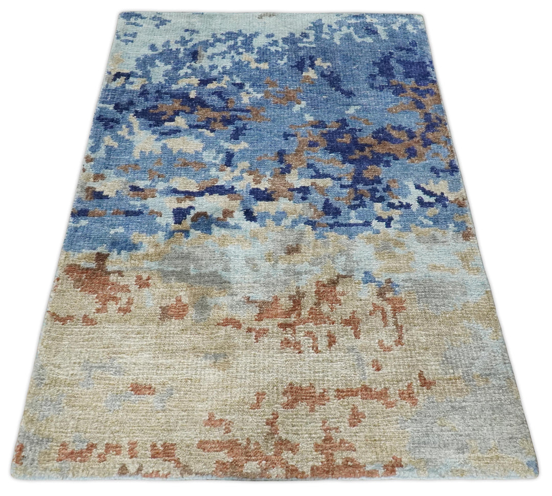 Modern Abstract 2x3 Multi Color Blue, beige Bamboo Silk Hand Knotted Area Rug | N2723