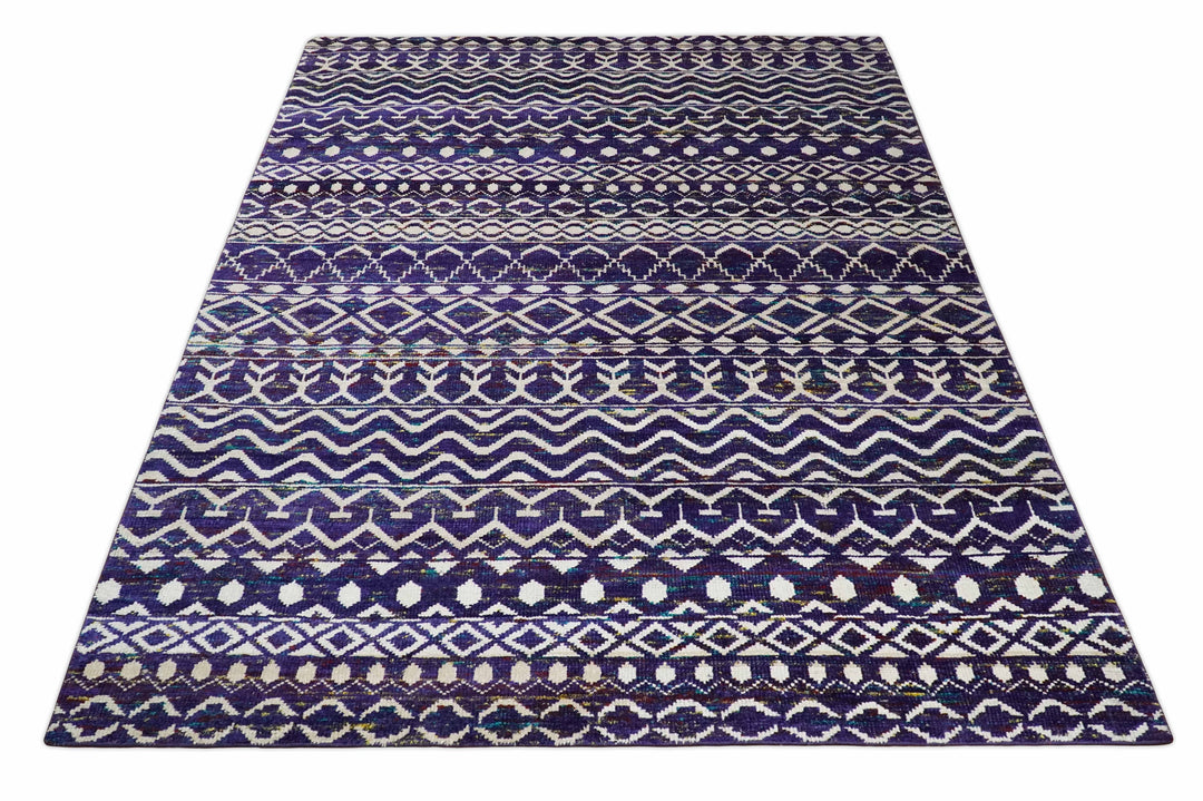 4x6 and 8x10 Hand Knotted Blue and White Modern Contemporary Southwestern Tribal Trellis Recycled Silk Area Rug | OP6