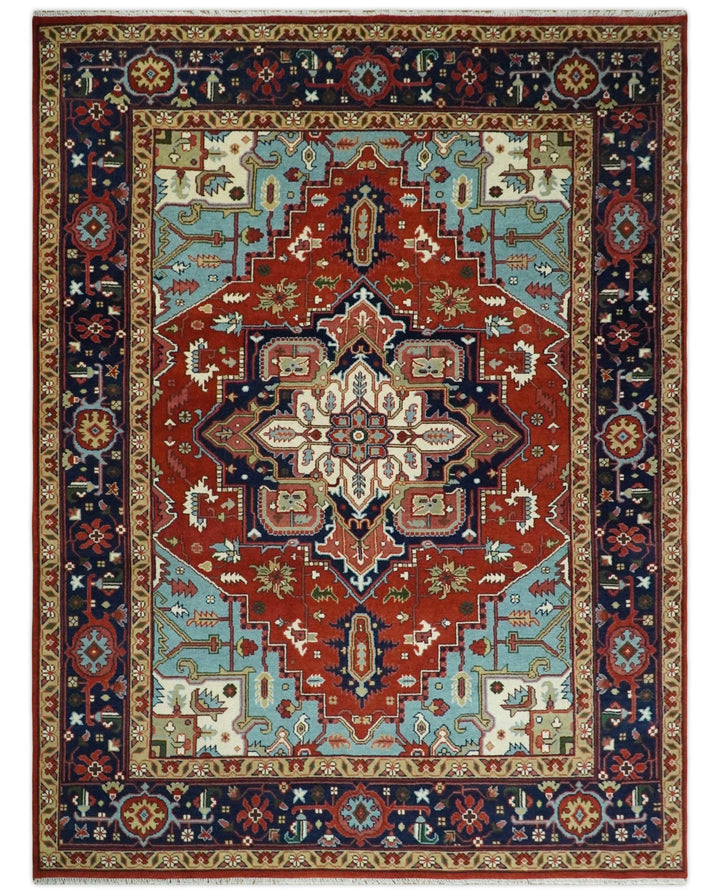 3x5, 4x6, 5x8, 6x9, 8x10 and 9x12 Rust and Blue Hand Knotted Traditional Persian Heriz Serapi Rug - The Rug Decor