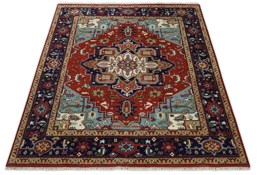 3x5, 4x6, 5x8, 6x9, 8x10 and 9x12 Rust and Blue Hand Knotted Traditional Persian Heriz Serapi Rug - The Rug Decor