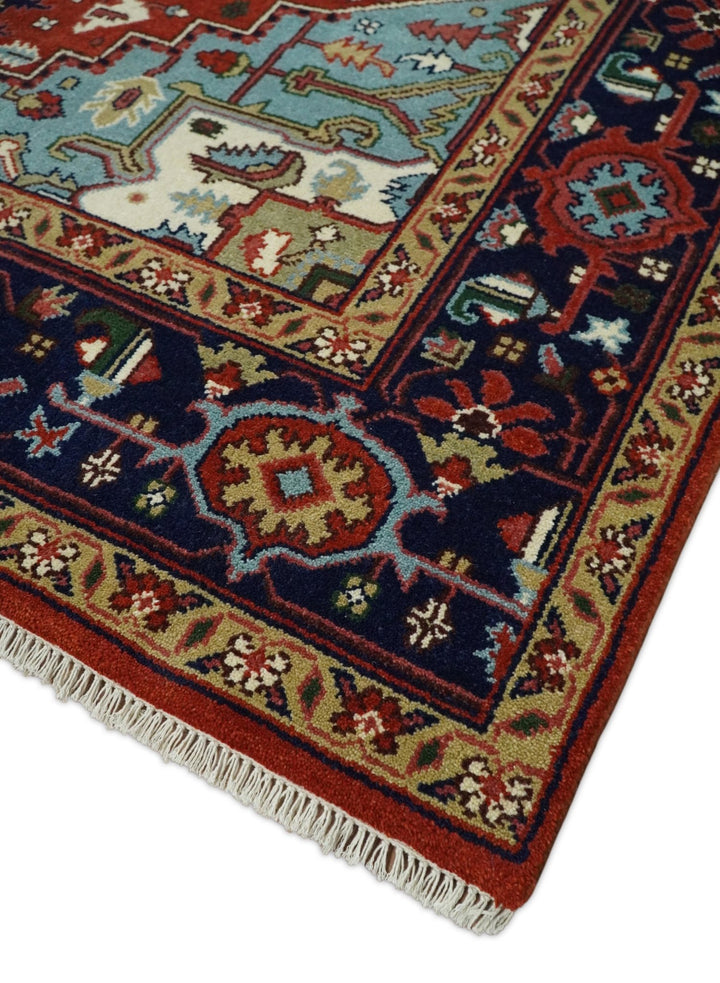 3x5, 4x6, 5x8, 6x9, 8x10 and 9x12 Rust and Blue Hand Knotted Traditional Persian Heriz Serapi Rug - The Rug Decor