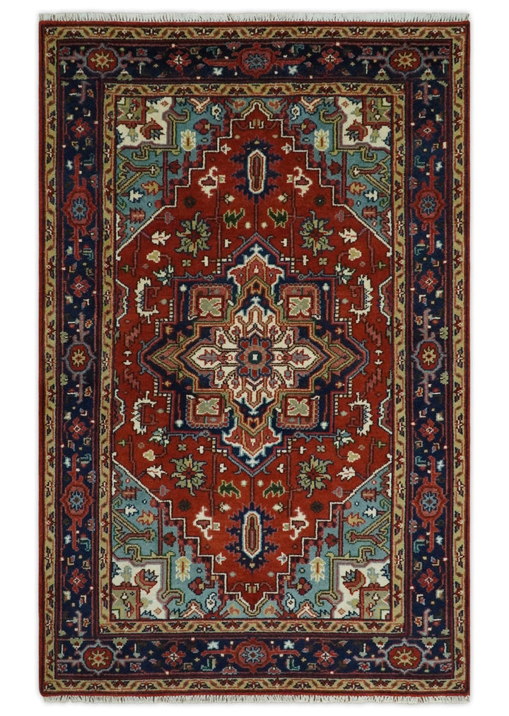 3x5, 4x6, 5x8, 6x9, 8x10 and 9x12 Rust and Blue Hand Knotted Traditional Persian Heriz Serapi Rug - The Rug Decor