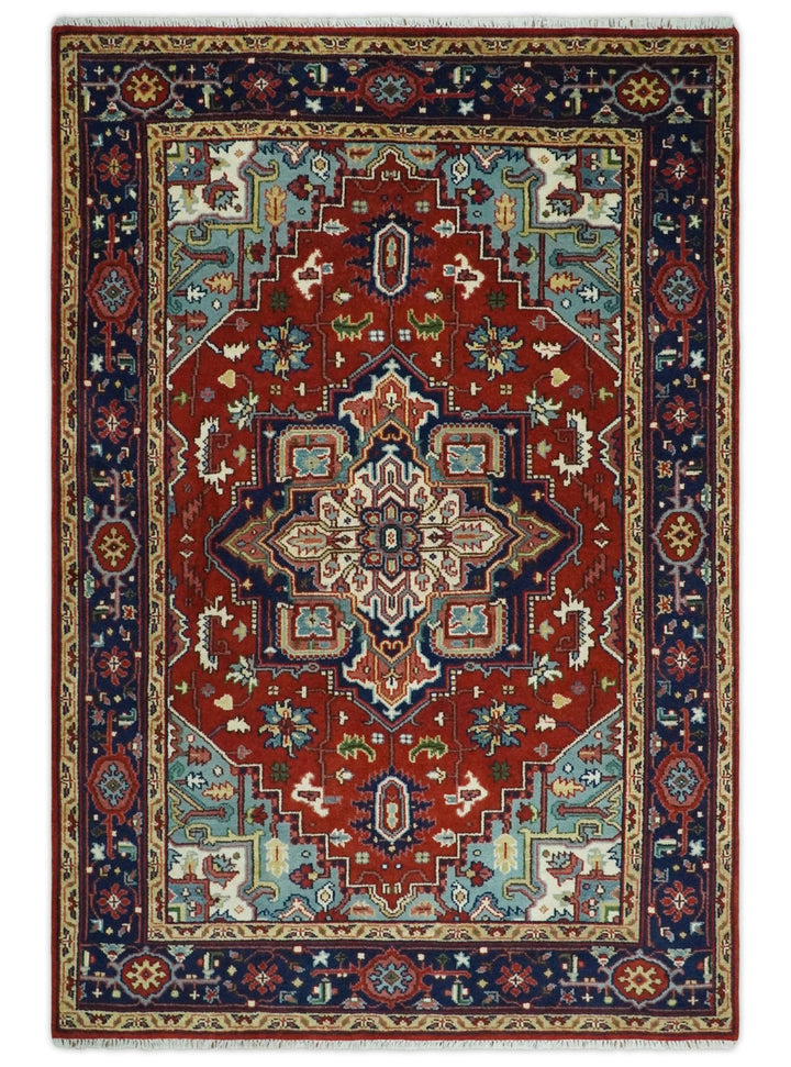 3x5, 4x6, 5x8, 6x9, 8x10 and 9x12 Rust and Blue Hand Knotted Traditional Persian Heriz Serapi Rug - The Rug Decor