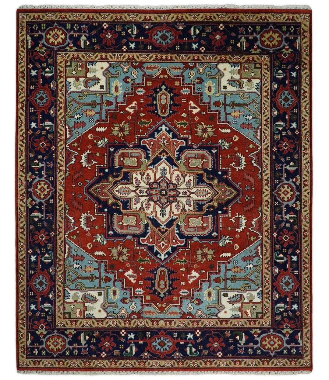 3x5, 4x6, 5x8, 6x9, 8x10 and 9x12 Rust and Blue Hand Knotted Traditional Persian Heriz Serapi Rug - The Rug Decor