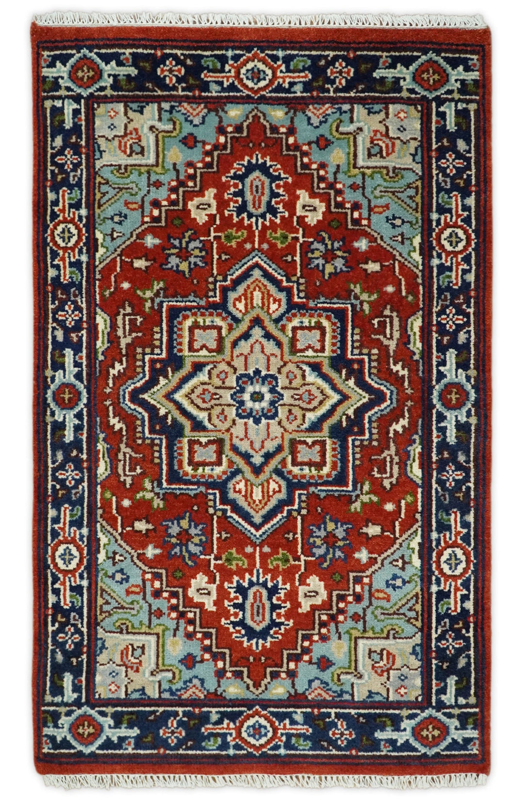 3x5, 4x6, 5x8, 6x9, 8x10 and 9x12 Rust and Blue Hand Knotted Traditional Persian Heriz Serapi Rug - The Rug Decor