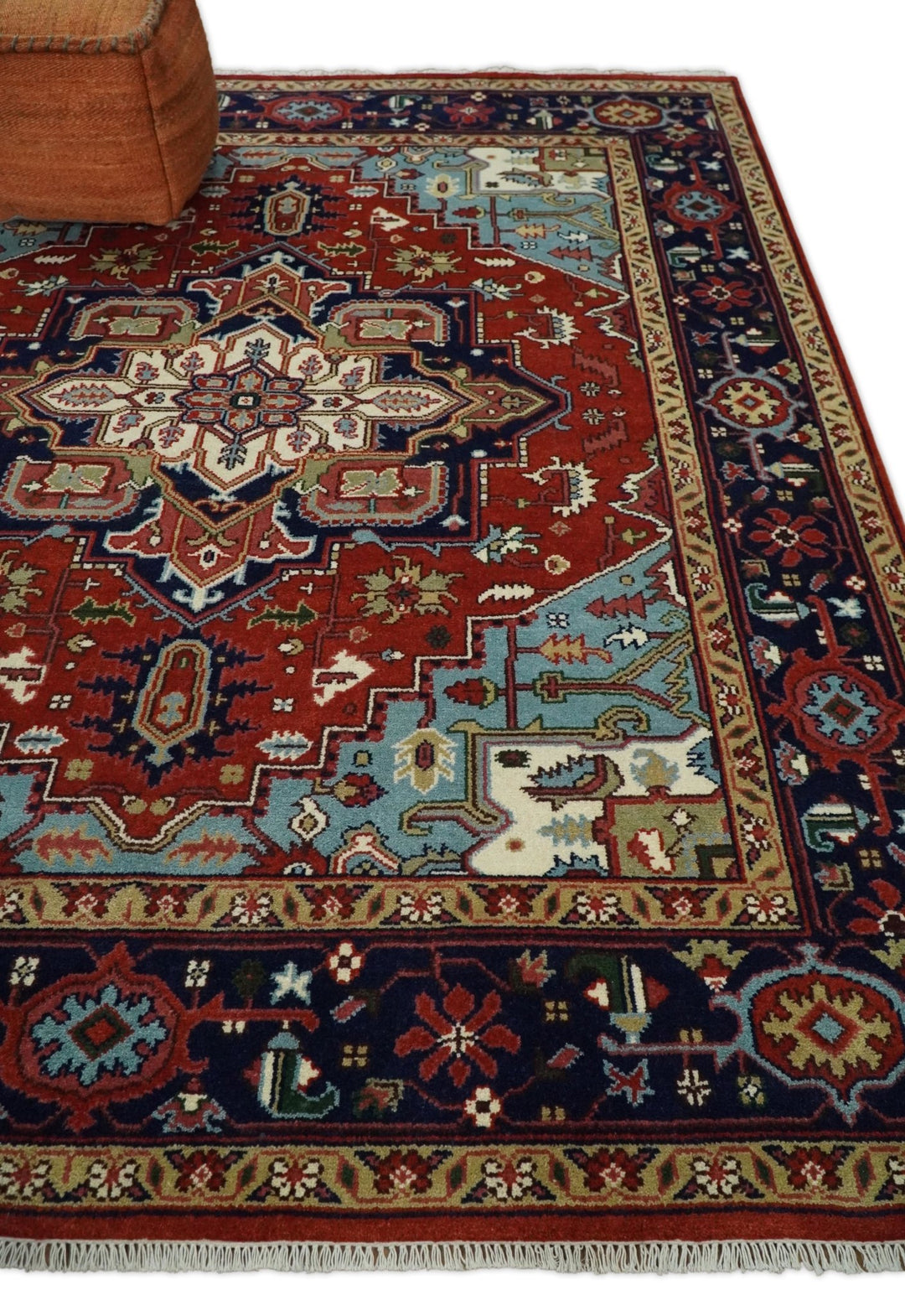 3x5, 4x6, 5x8, 6x9, 8x10 and 9x12 Rust and Blue Hand Knotted Traditional Persian Heriz Serapi Rug - The Rug Decor