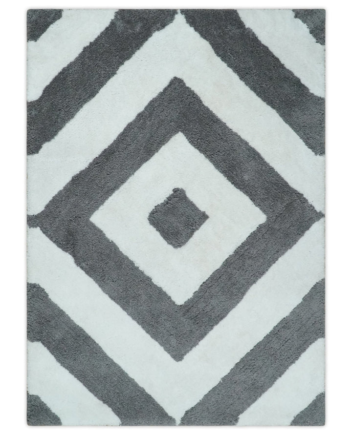 3x5, 4x6 and 5x7 Hand Woven Shag Ivory and Gray Geometrical Pattern Art Silk Soft Viscose Area Rug - The Rug Decor