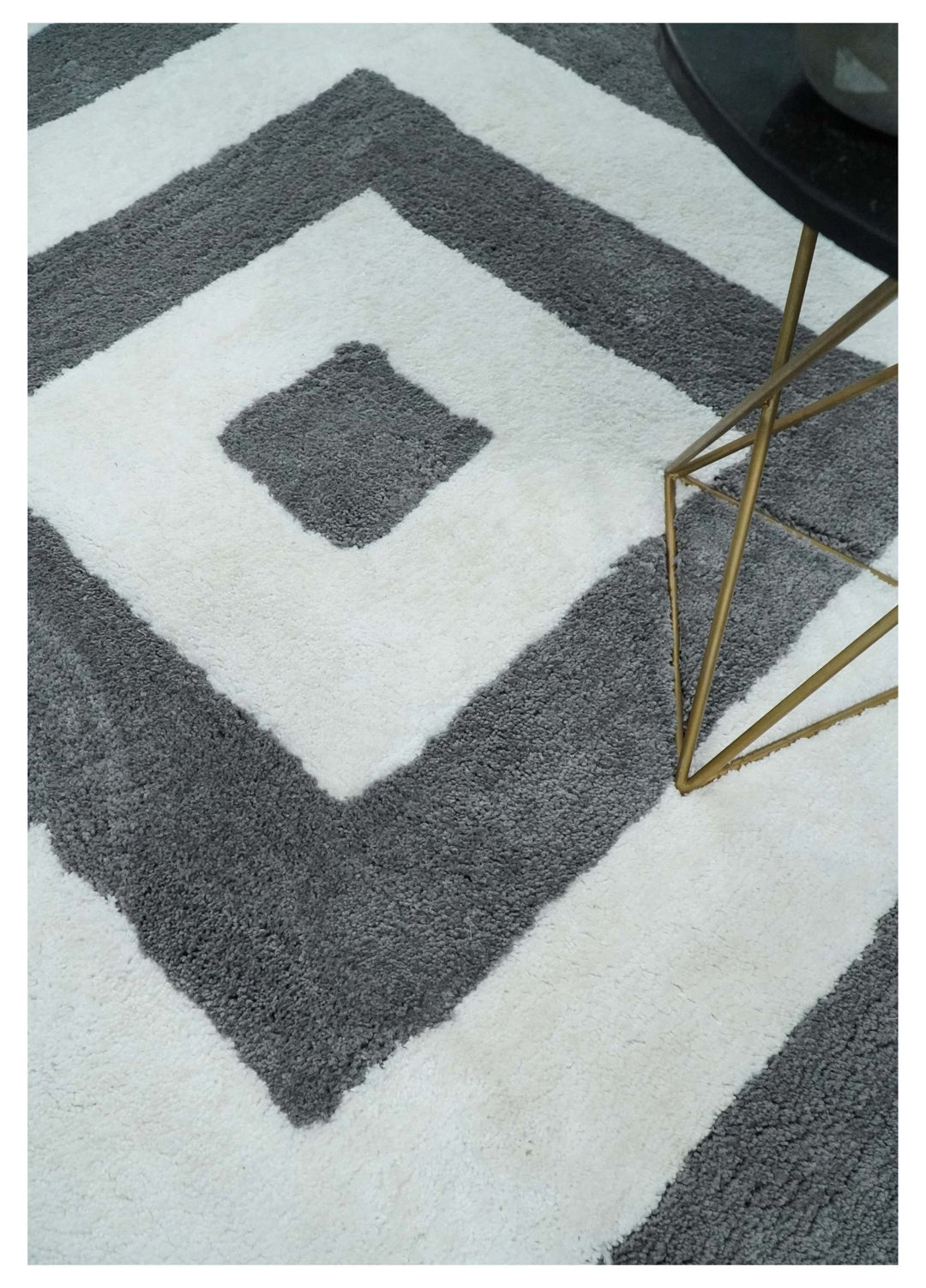 3x5, 4x6 and 5x7 Hand Woven Shag Ivory and Gray Geometrical Pattern Art Silk Soft Viscose Area Rug - The Rug Decor