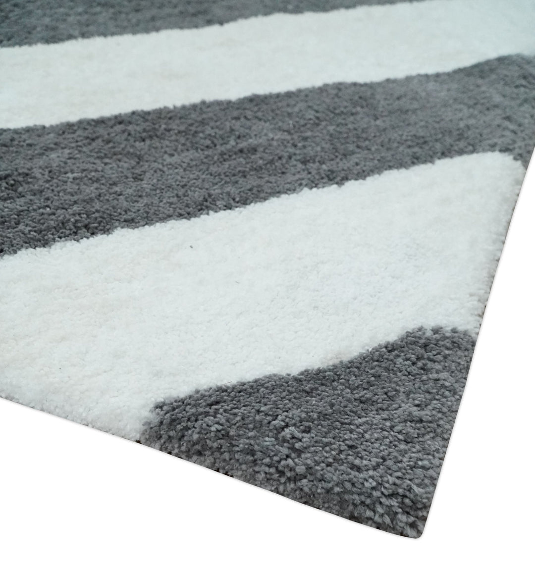3x5, 4x6 and 5x7 Hand Woven Shag Ivory and Gray Geometrical Pattern Art Silk Soft Viscose Area Rug - The Rug Decor