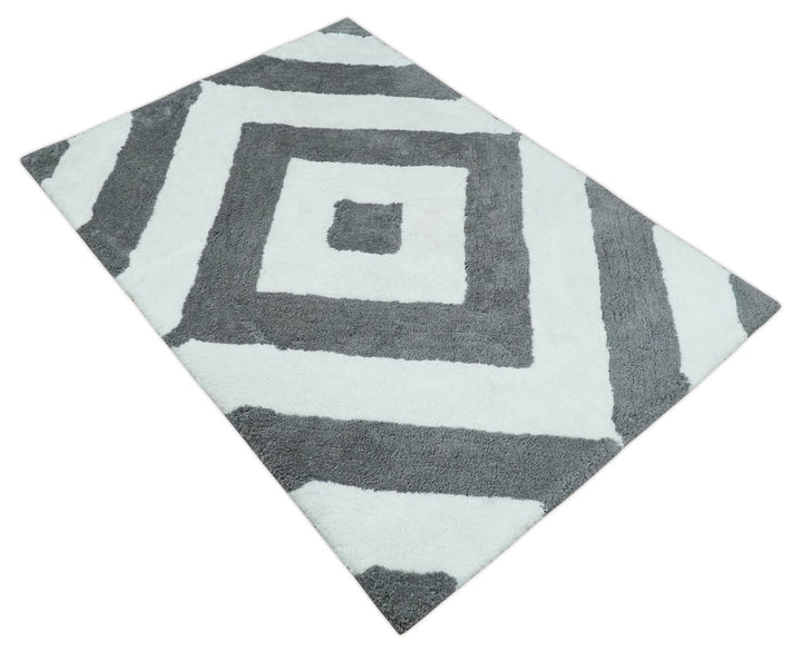 3x5, 4x6 and 5x7 Hand Woven Shag Ivory and Gray Geometrical Pattern Art Silk Soft Viscose Area Rug - The Rug Decor