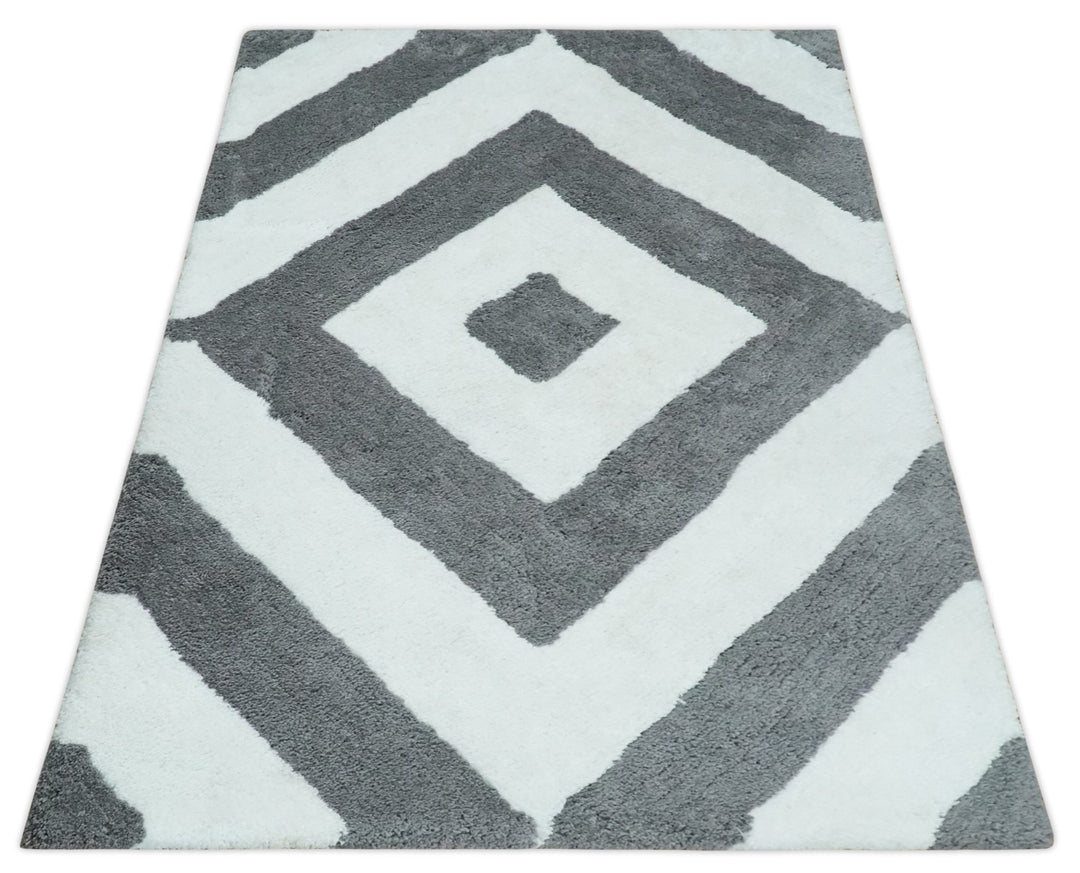 3x5, 4x6 and 5x7 Hand Woven Shag Ivory and Gray Geometrical Pattern Art Silk Soft Viscose Area Rug - The Rug Decor