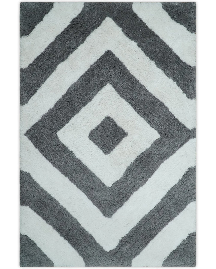 3x5, 4x6 and 5x7 Hand Woven Shag Ivory and Gray Geometrical Pattern Art Silk Soft Viscose Area Rug - The Rug Decor