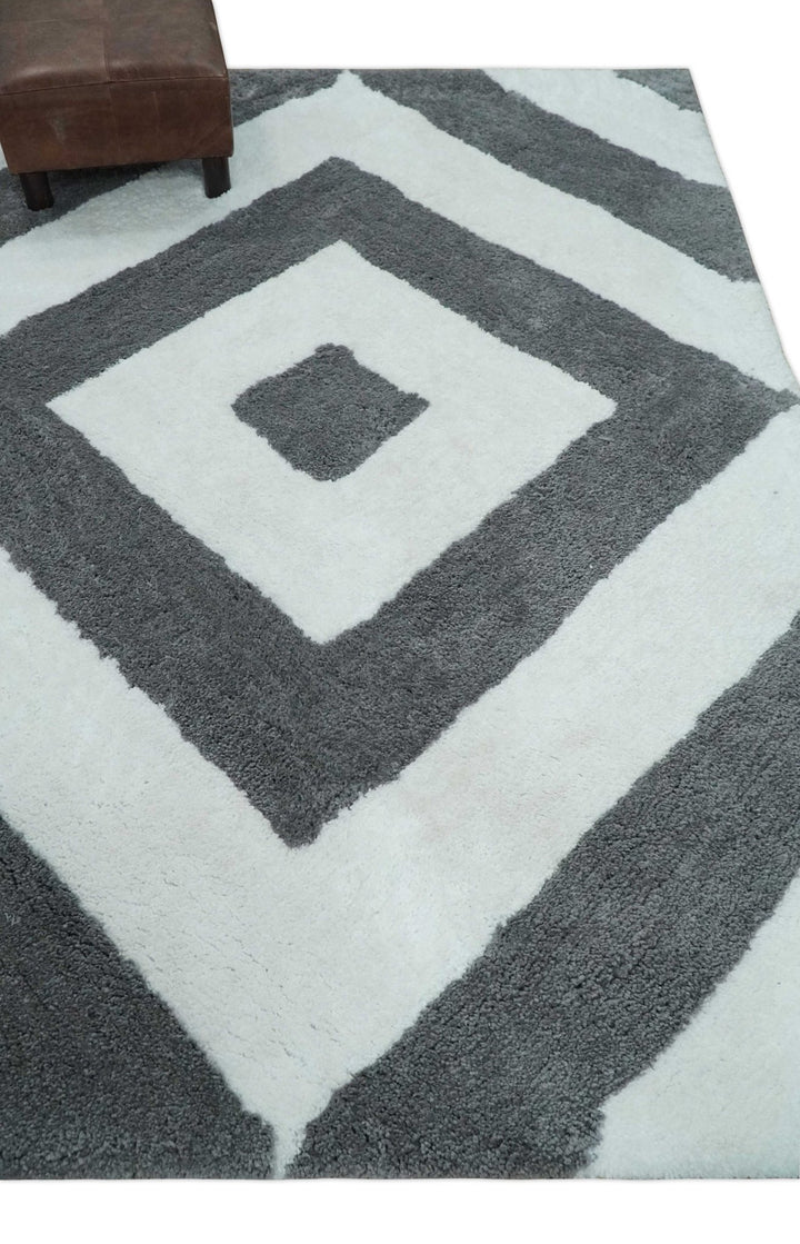 3x5, 4x6 and 5x7 Hand Woven Shag Ivory and Gray Geometrical Pattern Art Silk Soft Viscose Area Rug - The Rug Decor