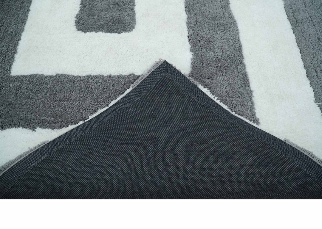 3x5, 4x6 and 5x7 Hand Woven Shag Ivory and Gray Geometrical Pattern Art Silk Soft Viscose Area Rug - The Rug Decor