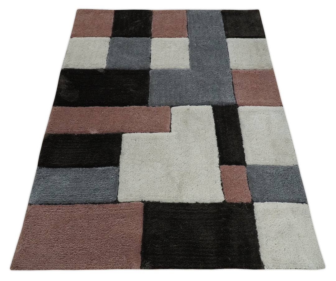 3x5, 4x6 and 5x7 Hand Woven Shag Ivory. Charcoal and Peach Art Silk Soft Viscose Area Rug - The Rug Decor