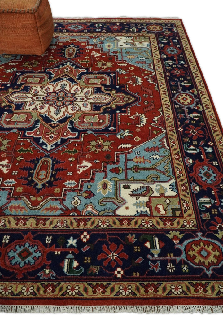3x5, 5x8 and 8x10 Rust and Blue Hand Knotted Traditional Persian Heriz Serapi Rug | TRDCP190 - The Rug Decor