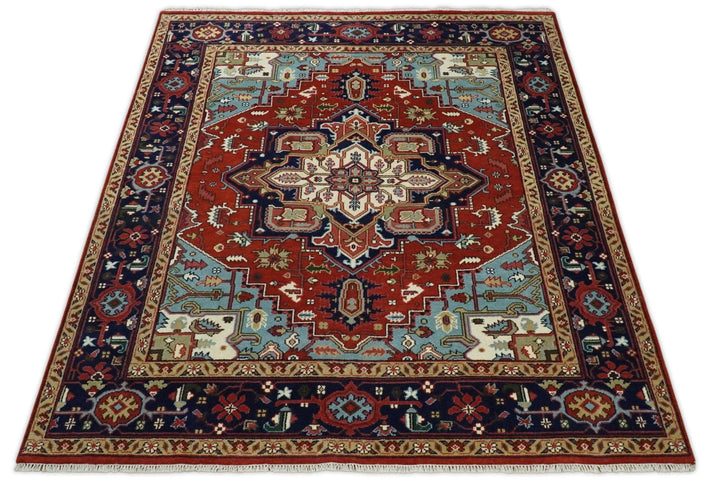 3x5, 5x8 and 8x10 Rust and Blue Hand Knotted Traditional Persian Heriz Serapi Rug | TRDCP190 - The Rug Decor